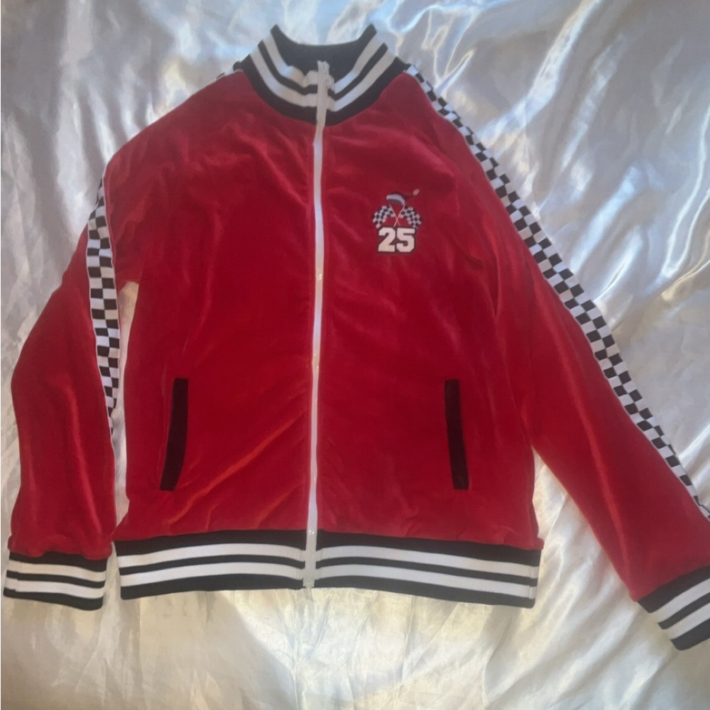 Red Women's Jacket with Checkered Stripes